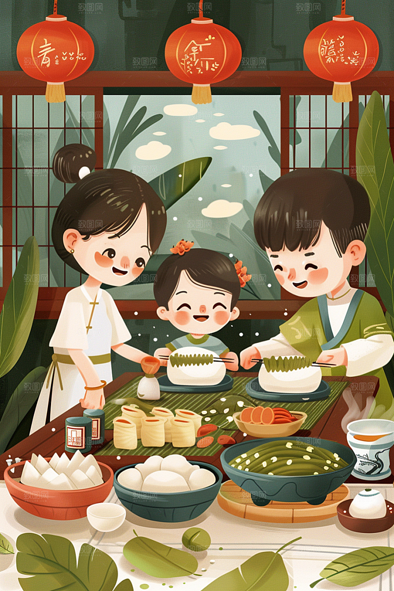 端午包粽子美食习俗插画