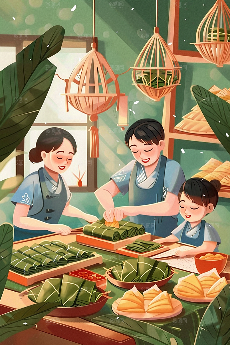 端午包粽子手绘温馨插画