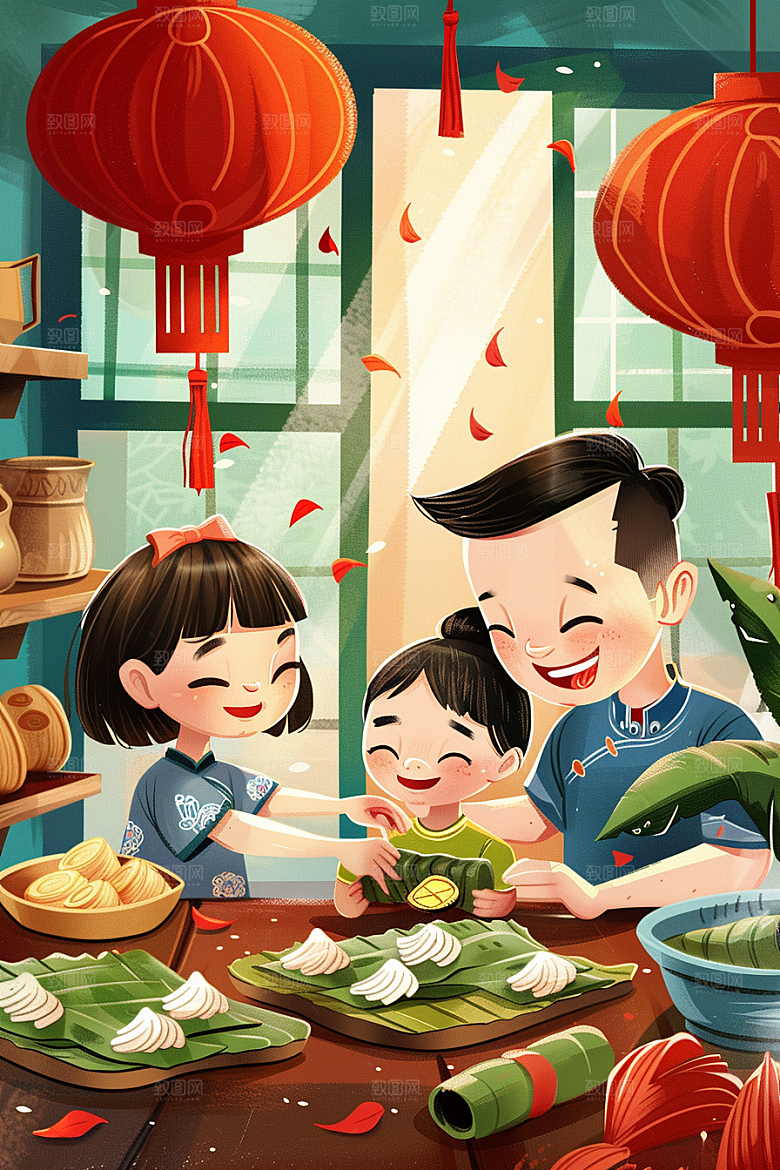 端午包粽子小吃粽叶插画