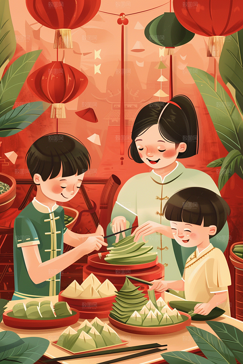 端午包粽子幸福高清插画