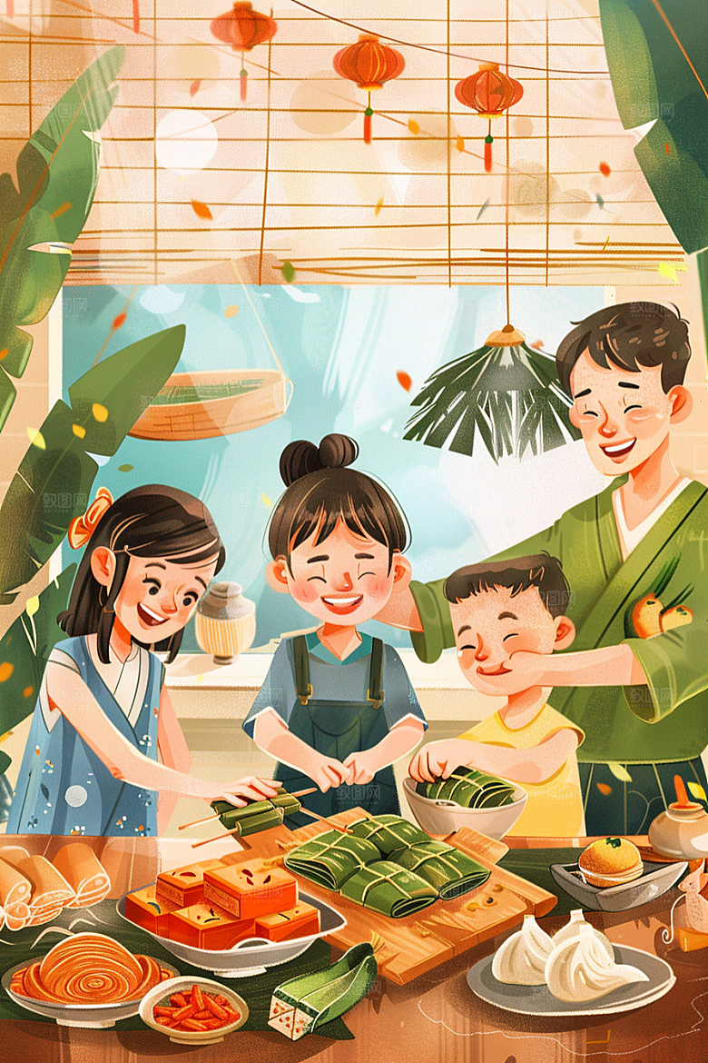 端午包粽子糯米美食插画