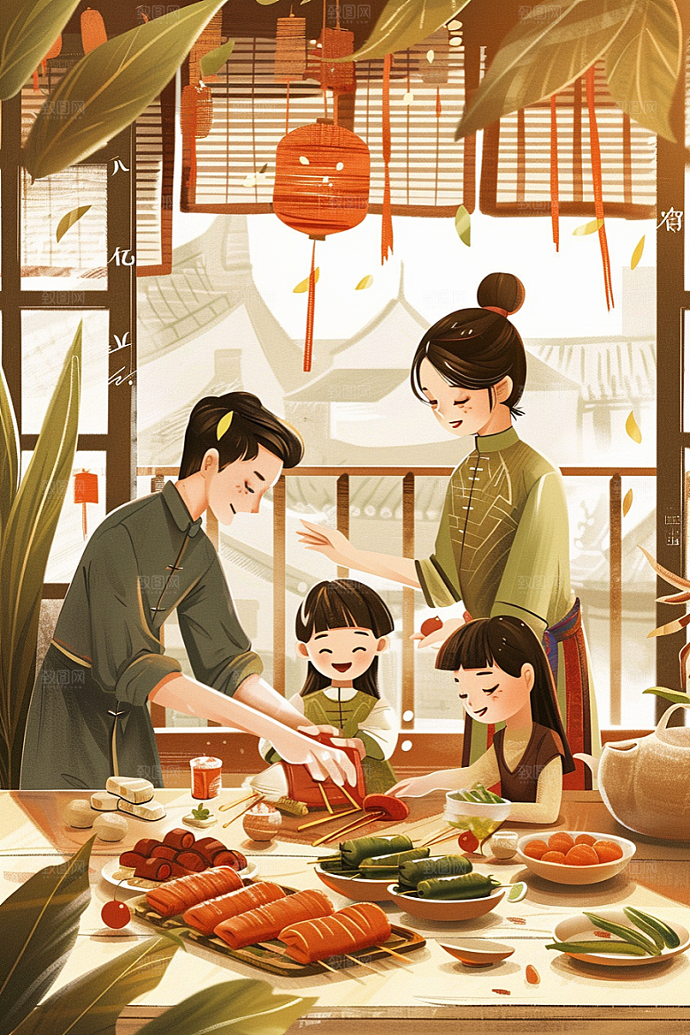 端午包粽子高清习俗插画
