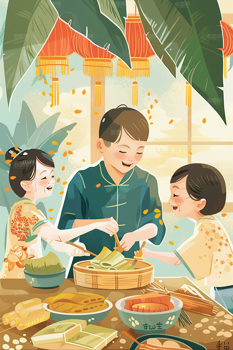 端午包粽子美味美食插画