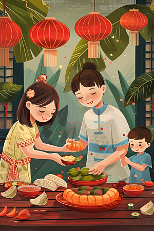 端午包粽子糯米高清插画