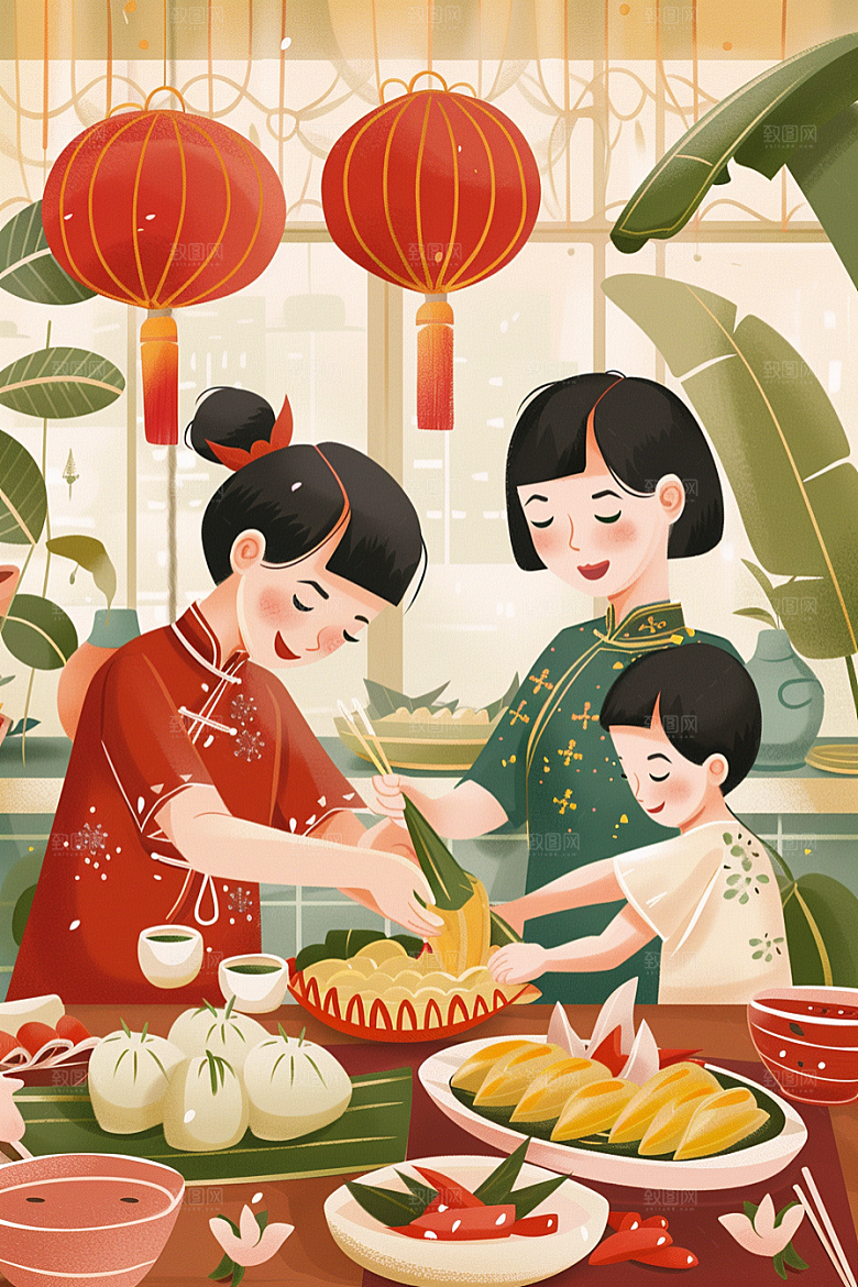 端午包粽子端午节温馨插画