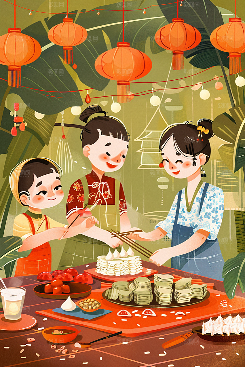 端午包粽子小吃美味插画