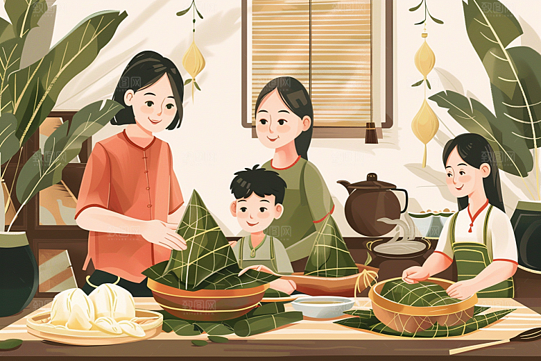 端午包粽子粽叶高清插画