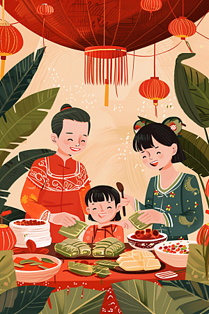端午包粽子习俗阖家团聚插画