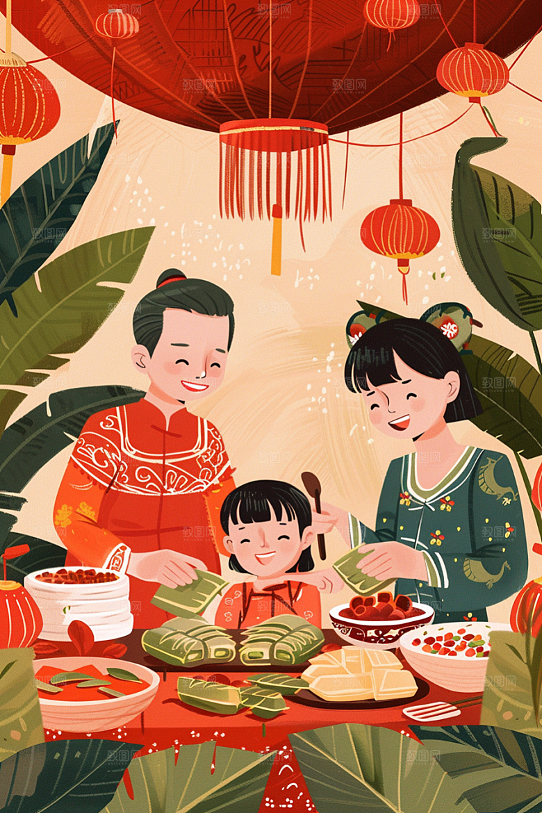 端午包粽子习俗阖家团聚插画