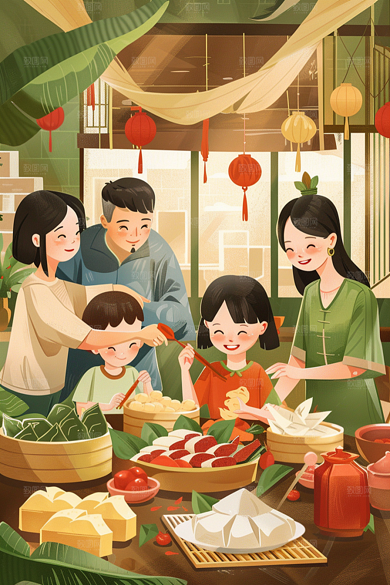 端午包粽子传统文化手绘插画