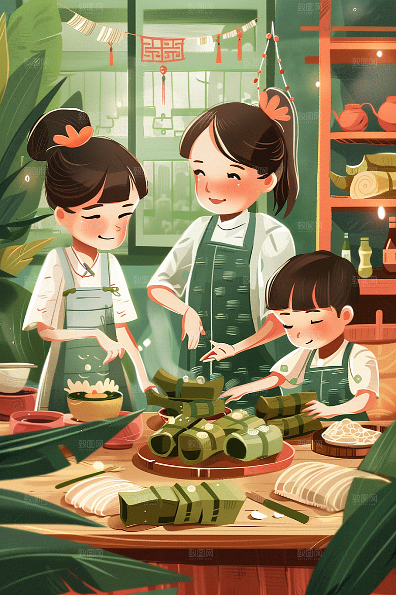 端午包粽子手绘阖家团聚插画