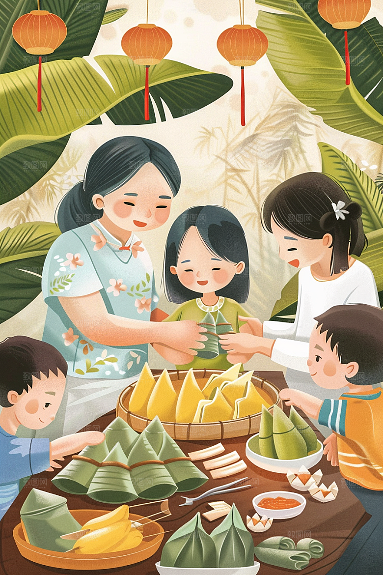 端午包粽子幸福美食插画