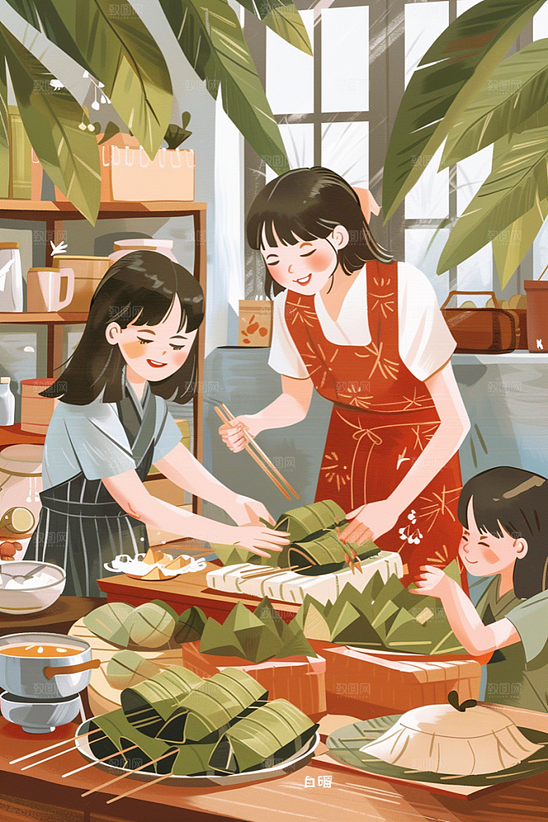 端午包粽子糯米幸福插画