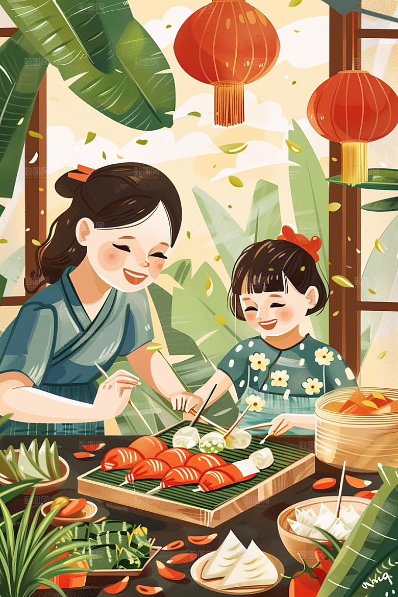端午包粽子端午节幸福插画