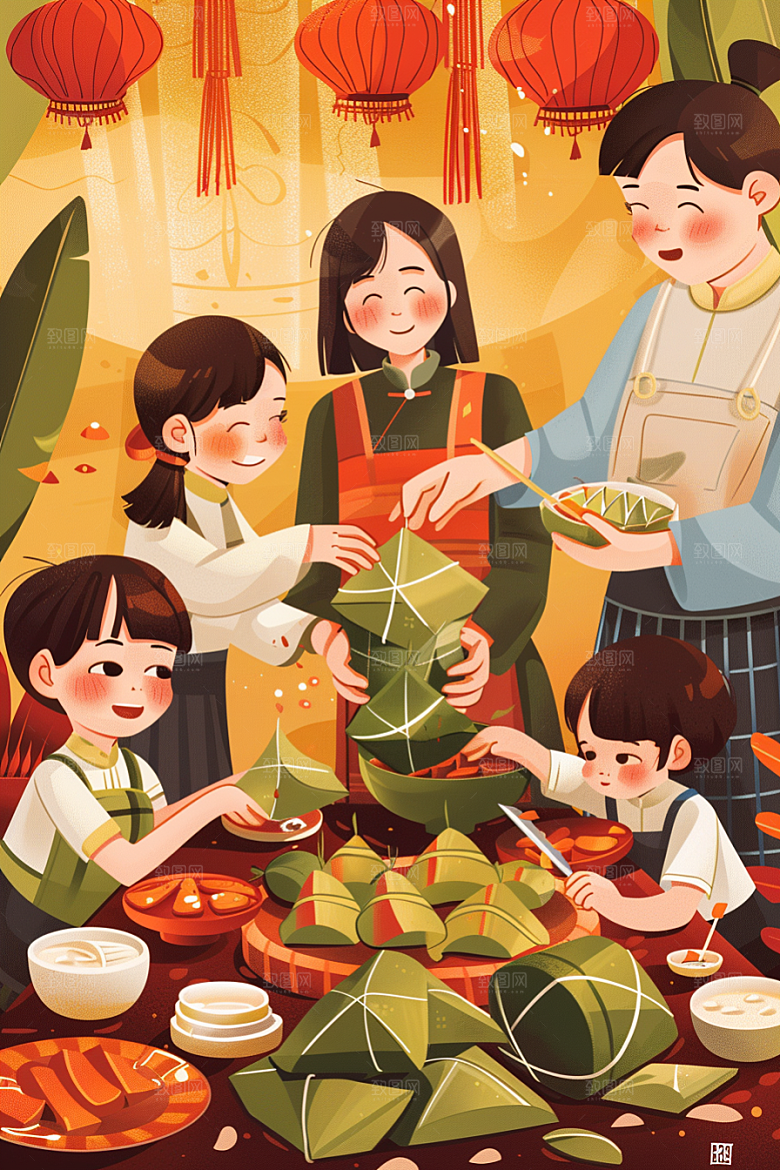 端午包粽子阖家团聚手绘插画