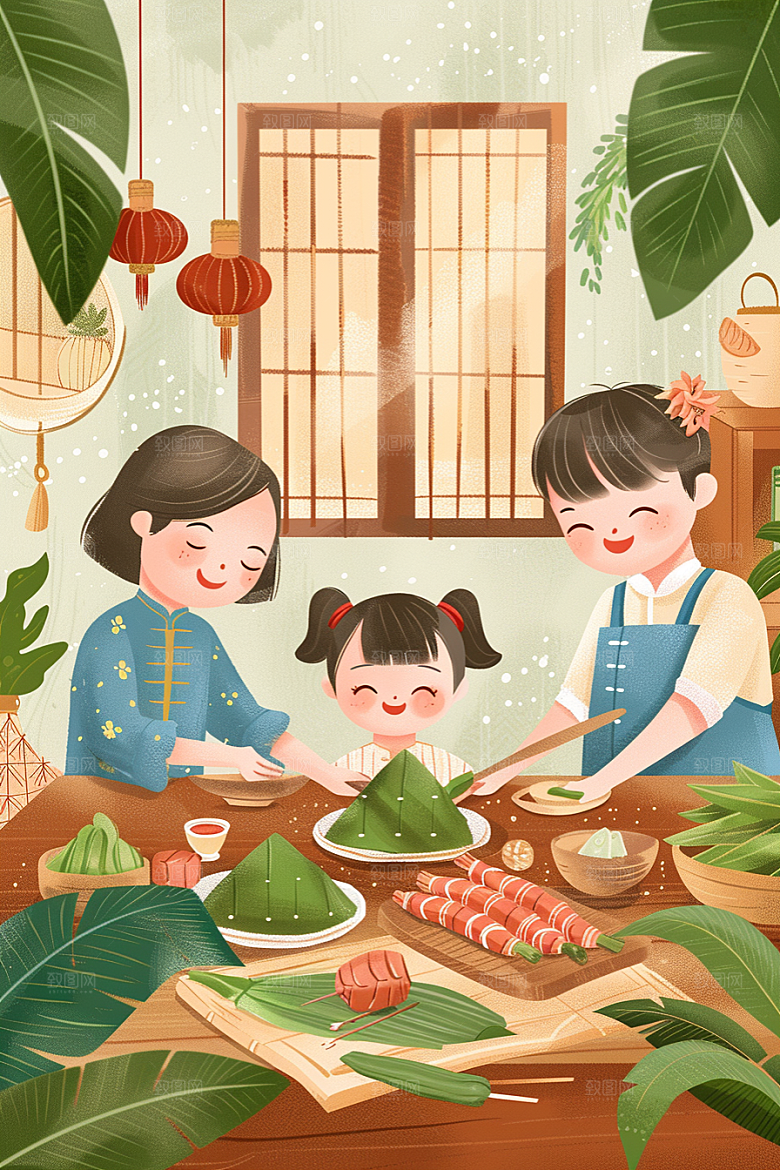 端午包粽子小吃温馨插画
