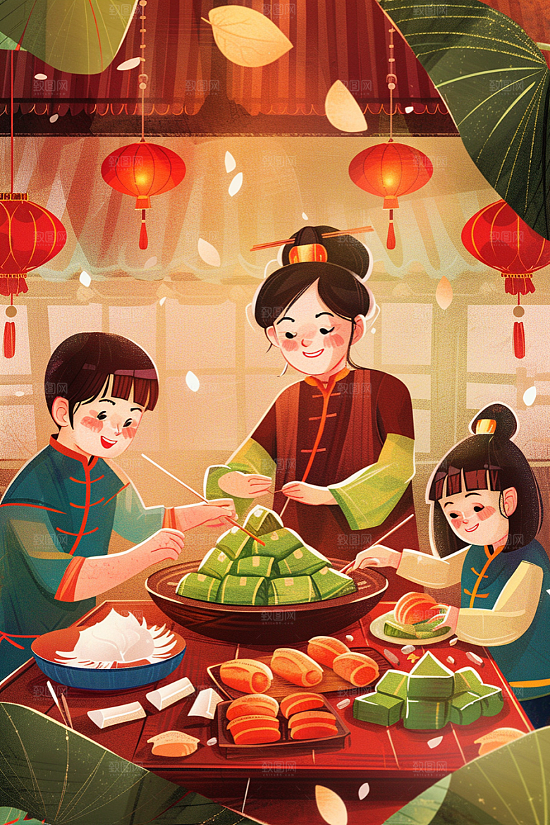 端午包粽子美味高清插画