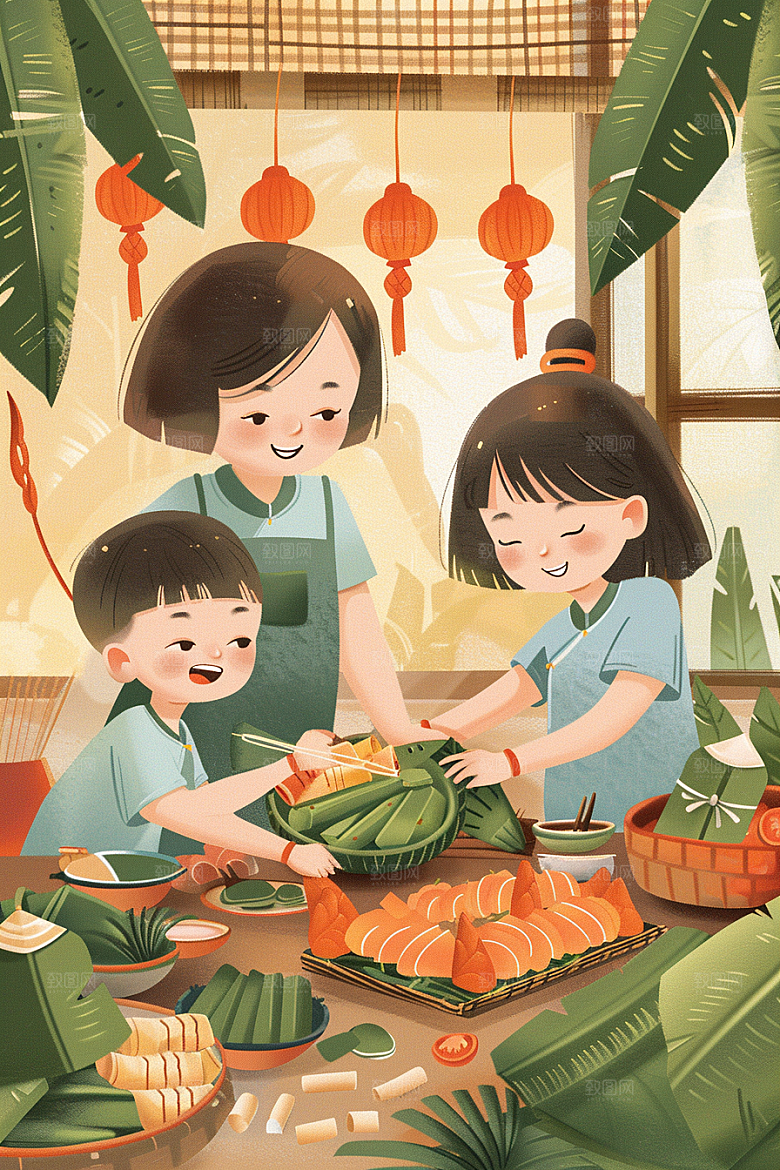 端午包粽子高清糯米插画