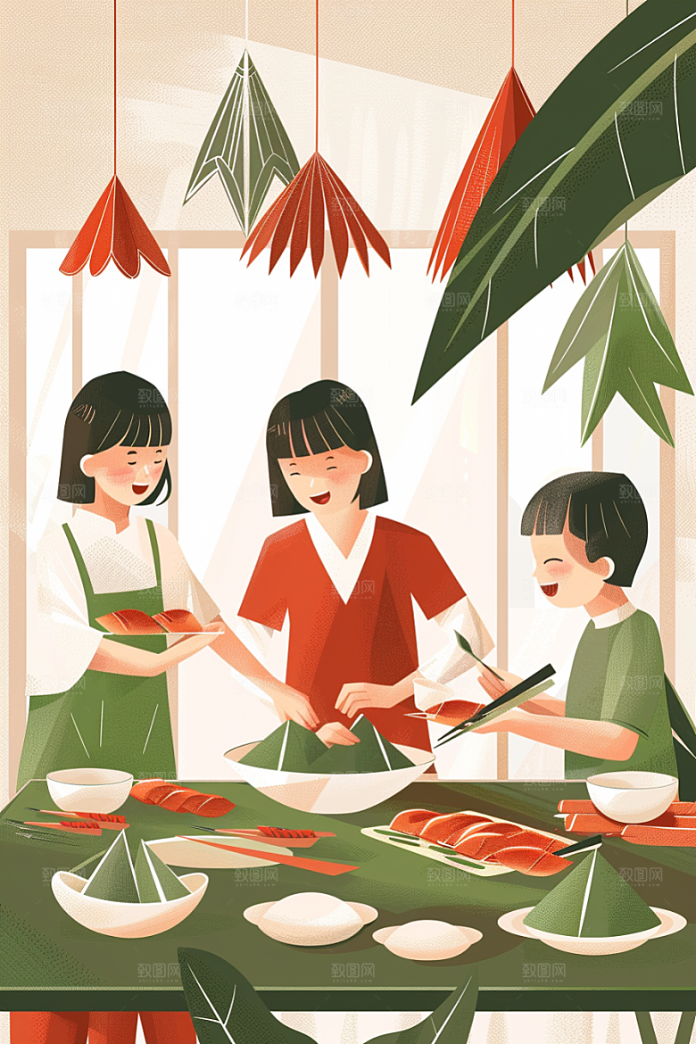 端午包粽子温馨阖家团聚插画