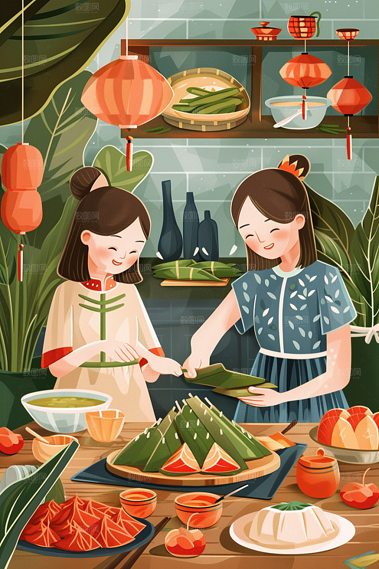 端午包粽子传统文化粽叶插画