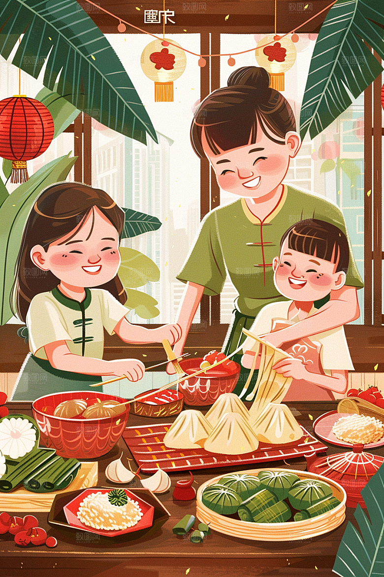 端午包粽子传统文化手绘插画