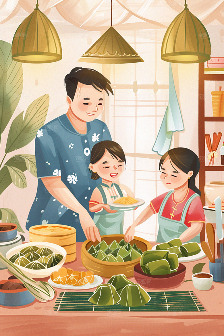 端午包粽子美味节日插画