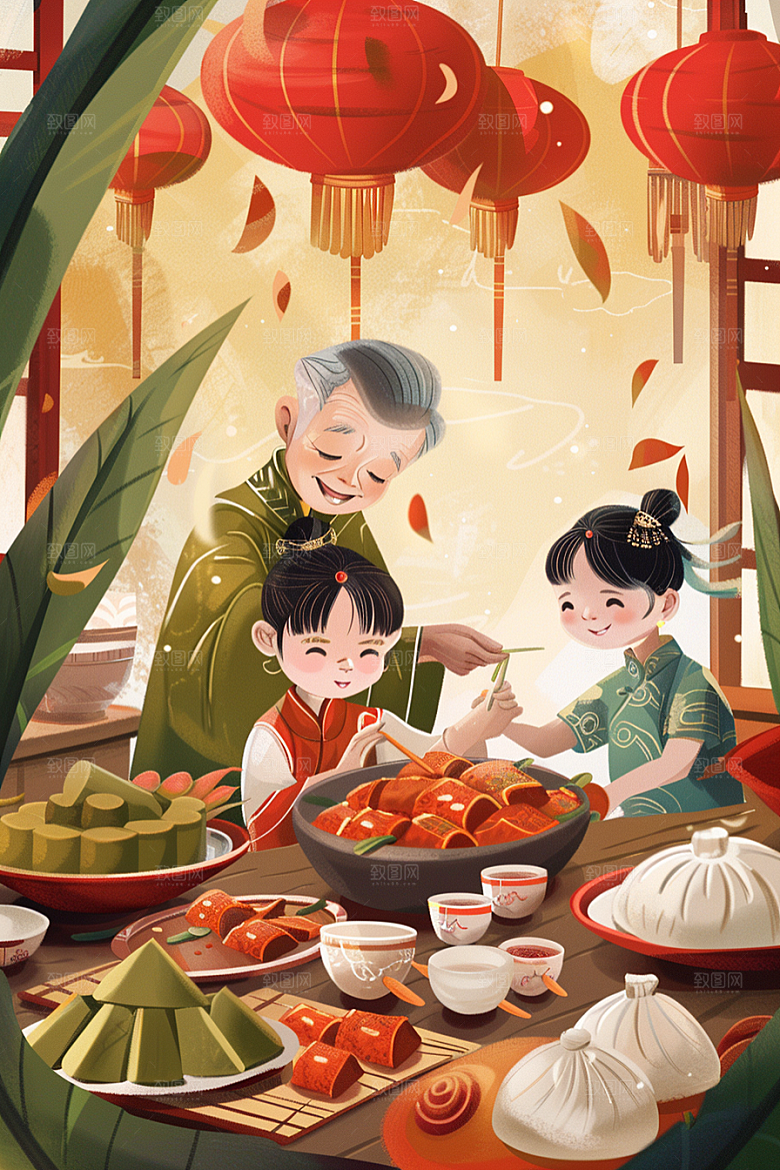 端午包粽子习俗幸福插画
