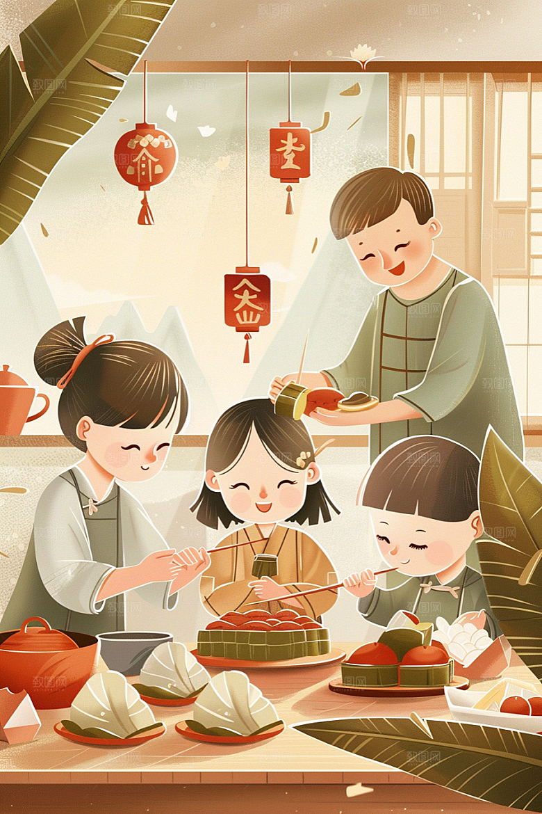 端午包粽子幸福阖家团聚插画