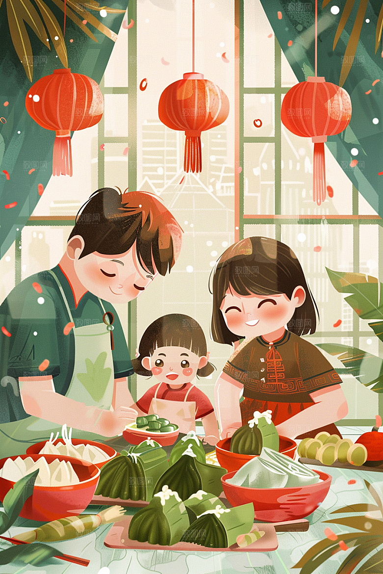 端午包粽子节日氛围高清插画