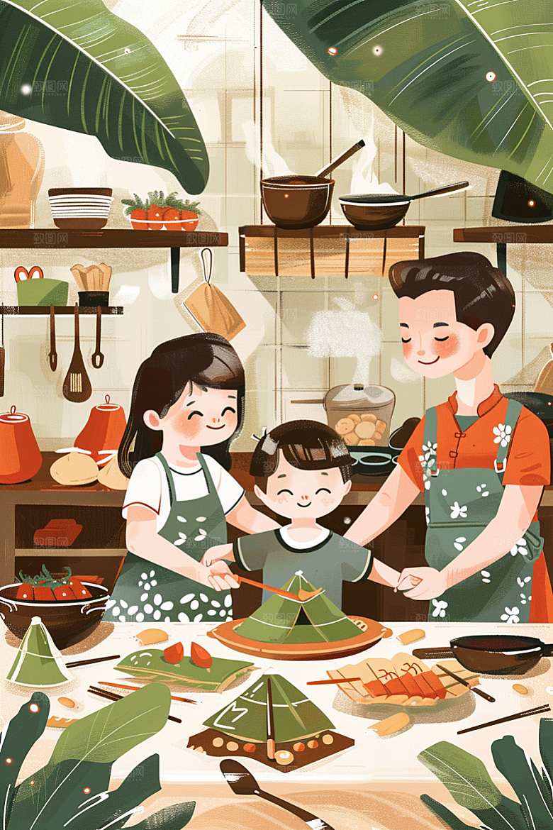 端午包粽子粽叶温馨插画