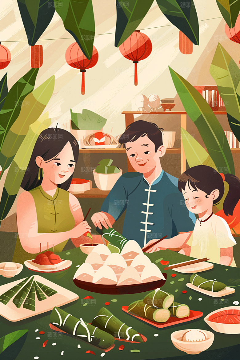 端午包粽子温馨幸福插画