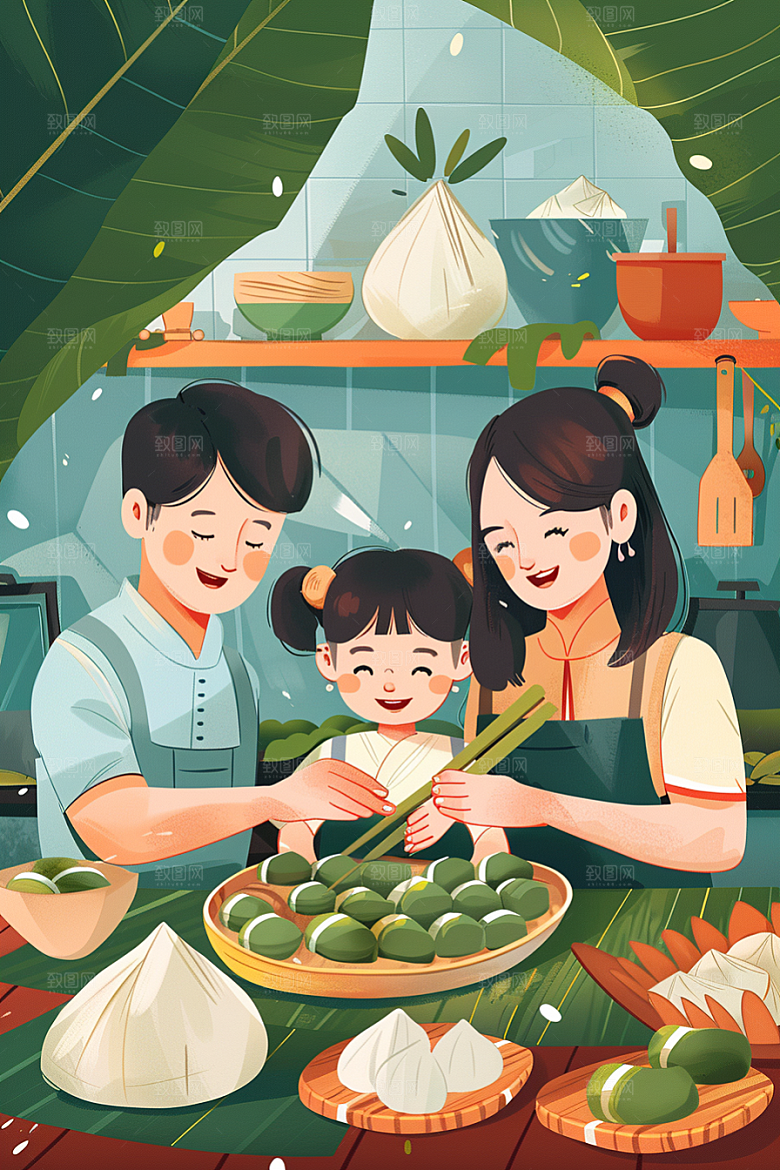 端午包粽子美味传统文化插画