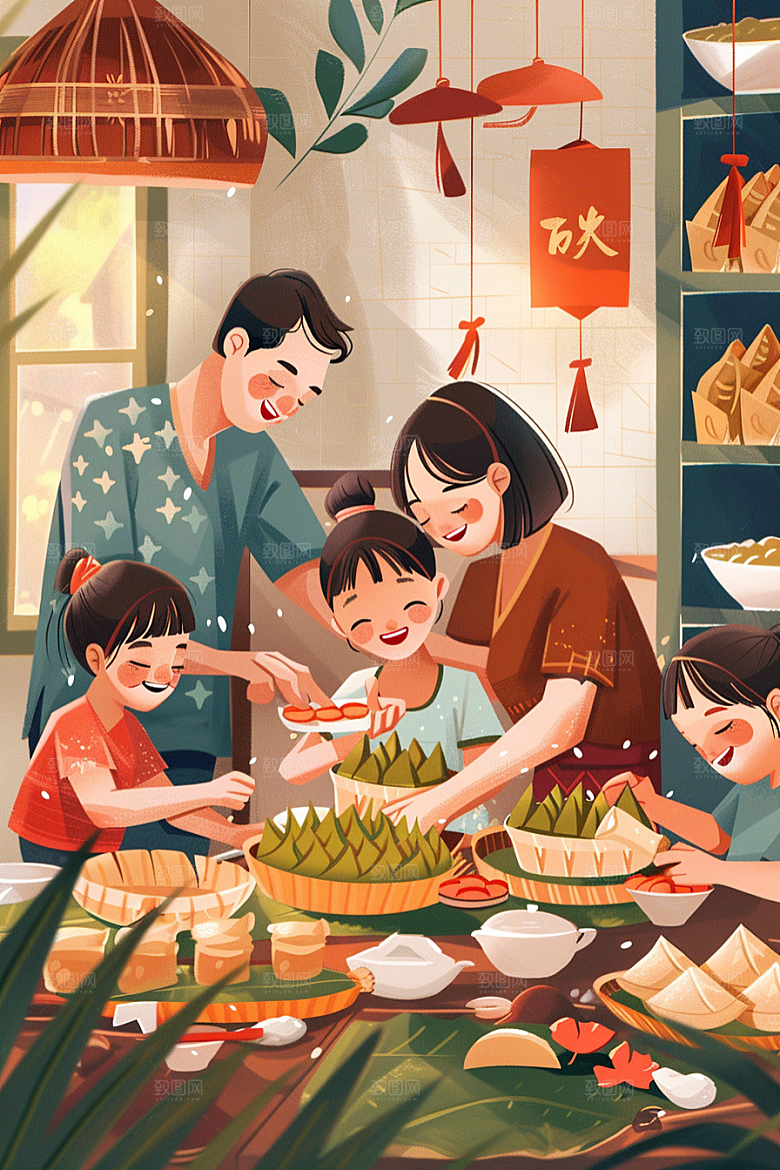端午包粽子温馨糯米插画