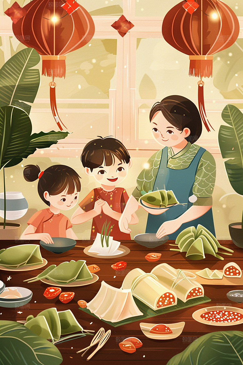端午包粽子小吃幸福插画