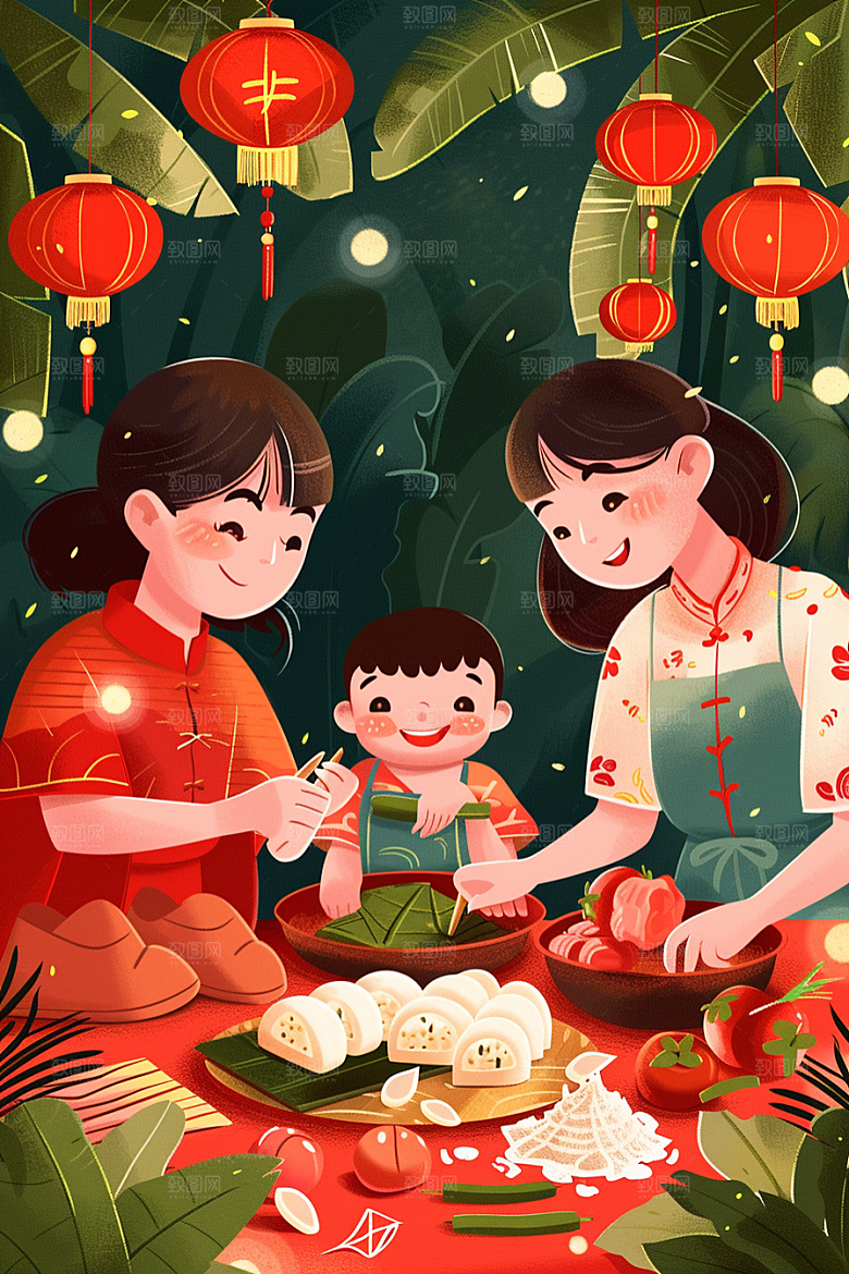 端午包粽子幸福温馨插画