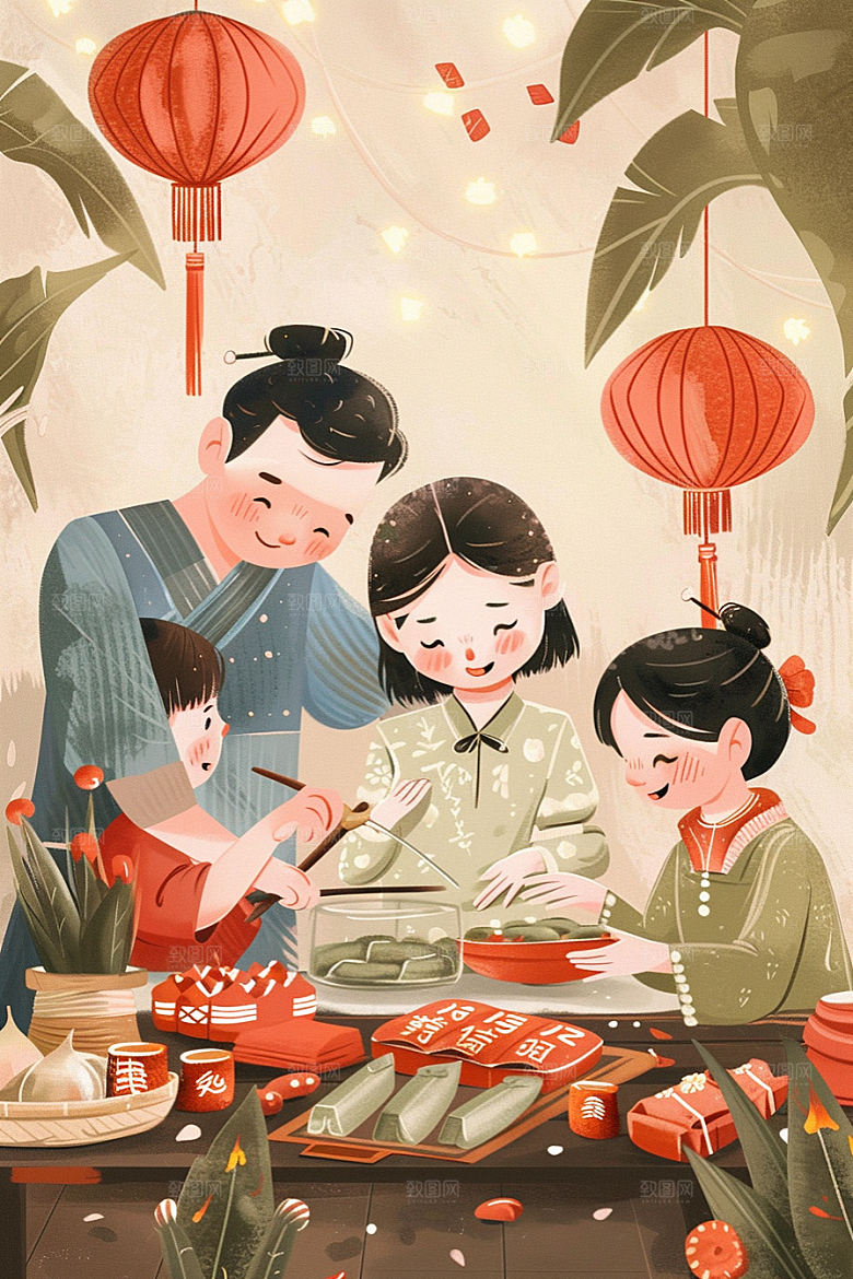 端午包粽子高清节日氛围插画
