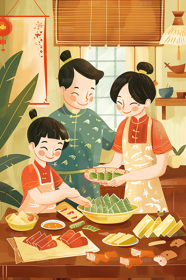 端午包粽子温馨糯米插画