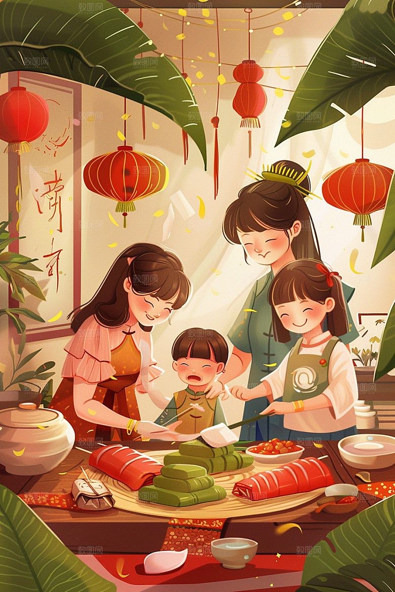 端午包粽子粽叶美食插画
