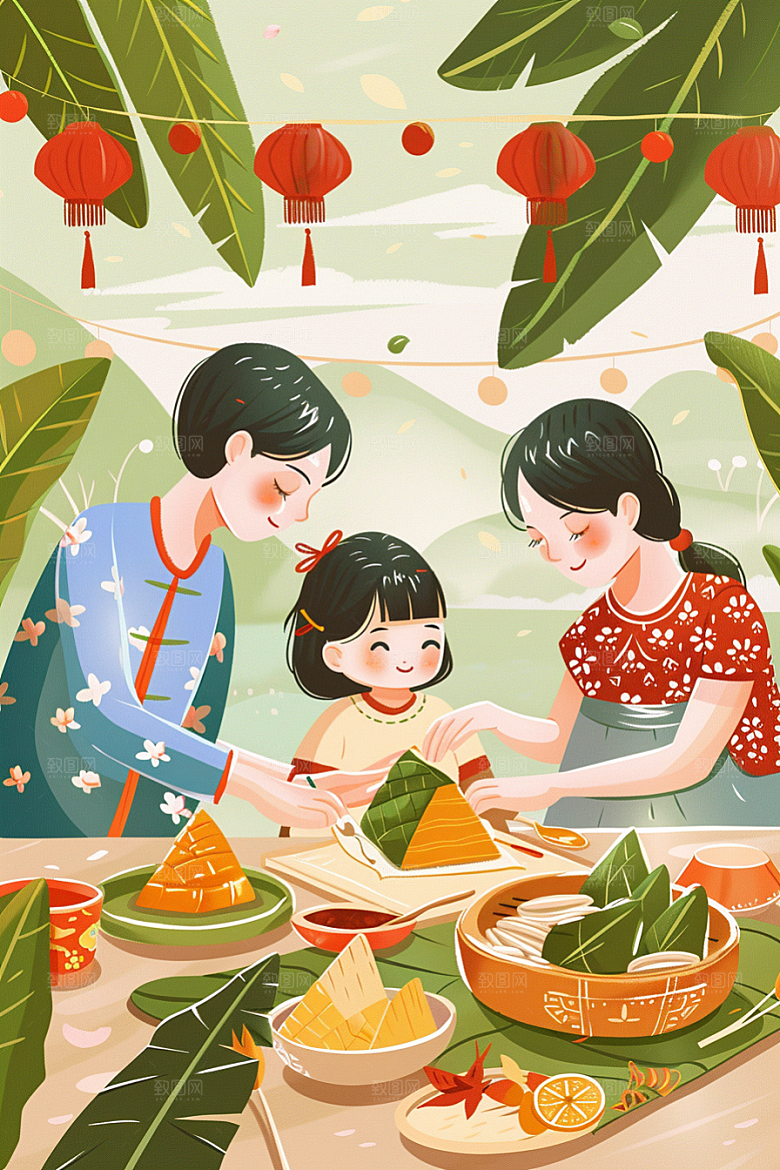 端午包粽子阖家团聚糯米插画