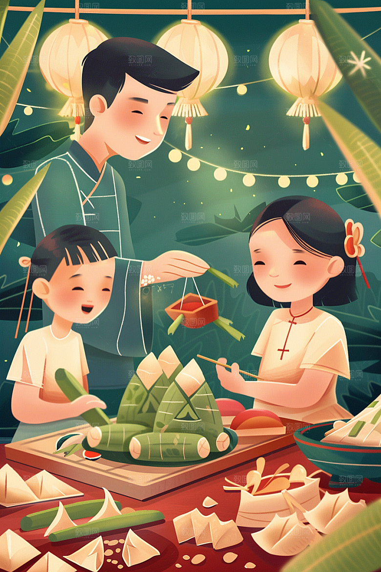 端午包粽子幸福习俗插画