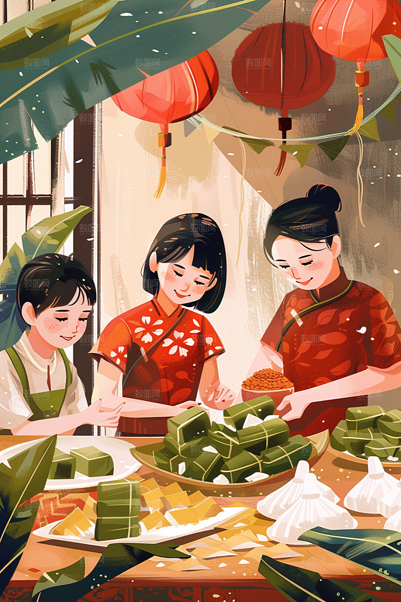 端午包粽子手绘阖家团聚插画