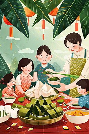 端午包粽子高清节日氛围插画
