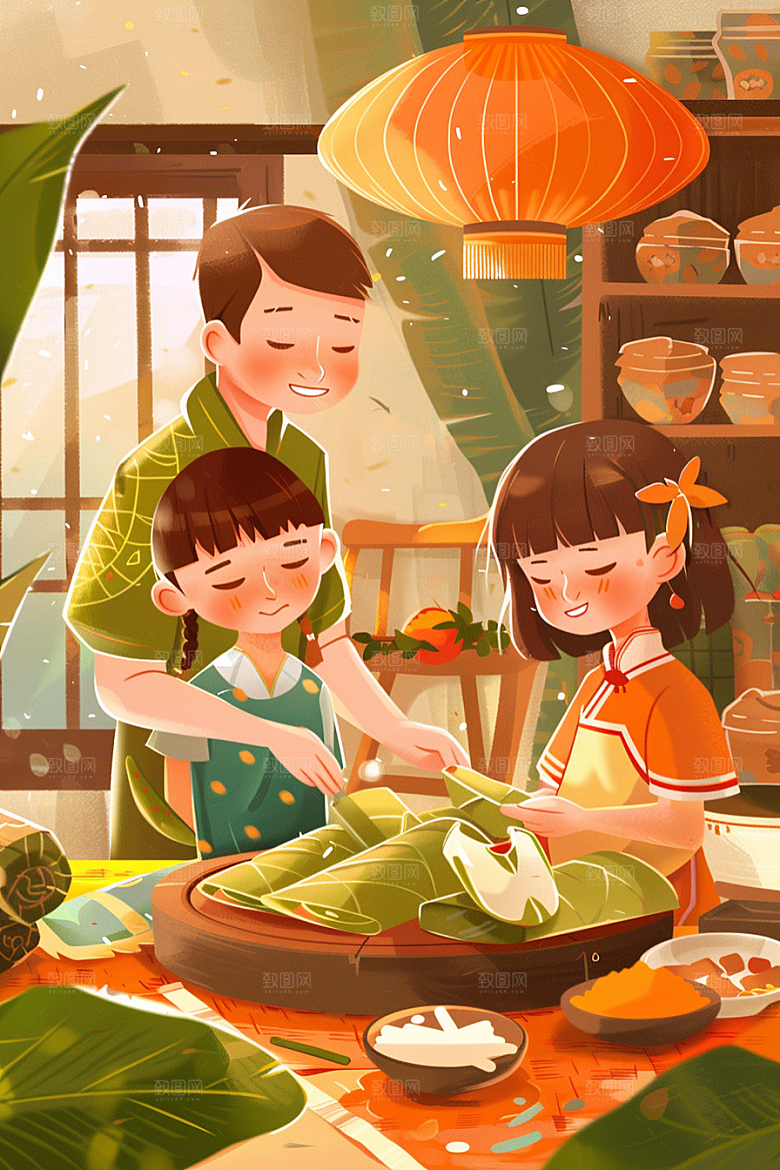 端午包粽子高清温馨插画