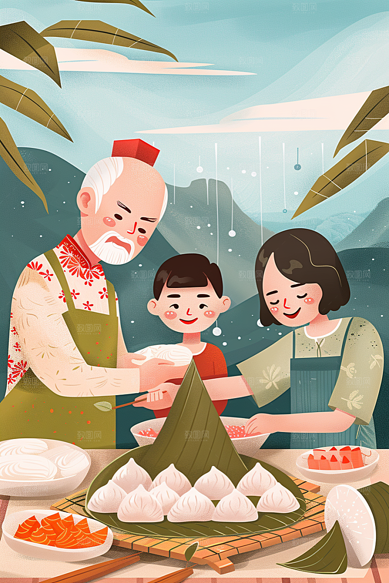 端午包粽子手绘节日氛围插画