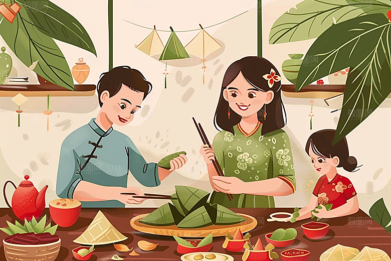 端午包粽子小吃高清插画
