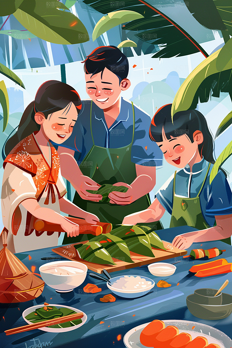 端午包粽子温馨美食插画