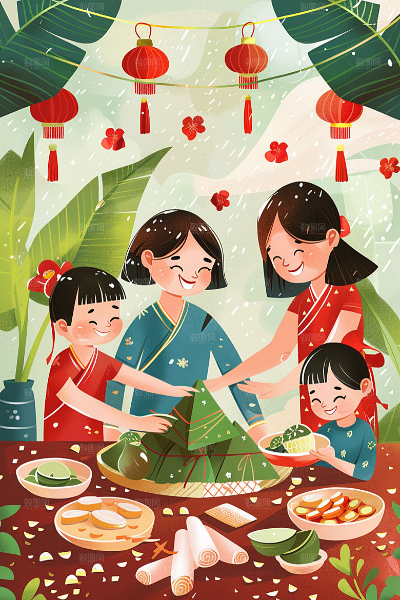 端午包粽子糯米粽叶插画