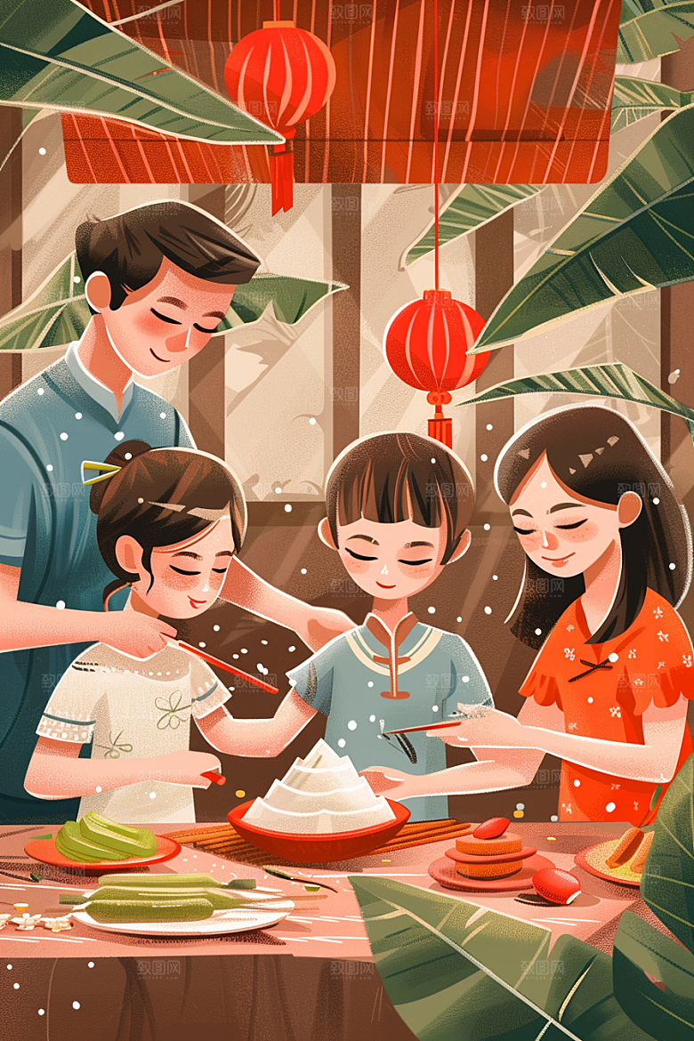 端午包粽子节日氛围阖家团聚插画