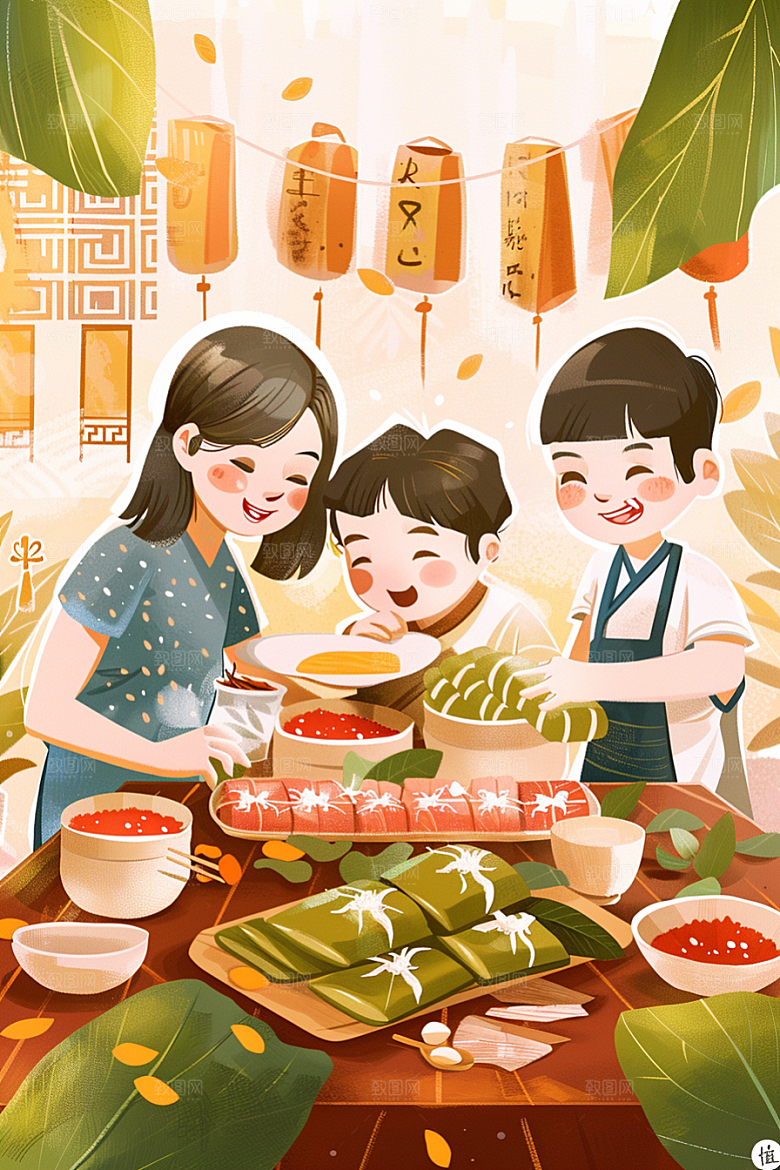 端午包粽子手绘美味插画