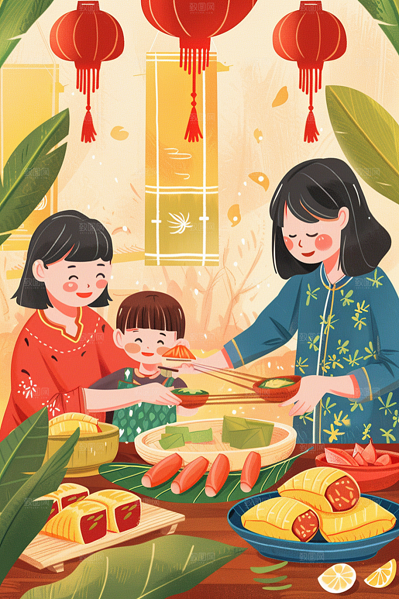端午包粽子节日幸福插画